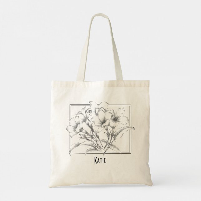 Hand plockade Blommigt Black White Sketch Tote Bag Tygkasse (Baksida)