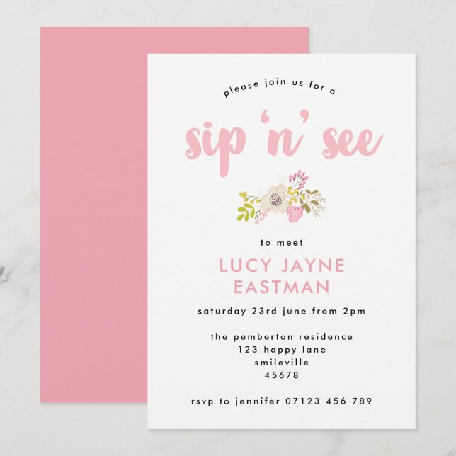 Hand plockade Blommigt Bouquet Sip och se inbjudan (Fram/baksida)