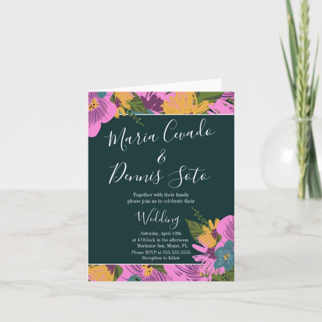 Hand plockade Blommigt Bröllop Fold Rosa Greenery Anteckningskort (Framsida)