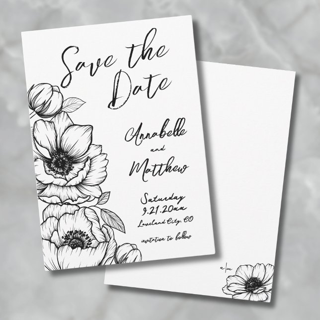 Hand plockade Blommigt Bröllop spara datum Spara Datumet (Hand Drawn Floral Wedding Save The Date)