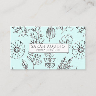 Hand plockade Blommigt Doodle Doula Aqua Birth Coa Visitkort