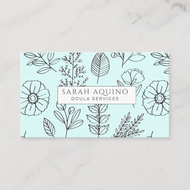Hand plockade Blommigt Doodle Doula Aqua Birth Coa Visitkort (Framsida)