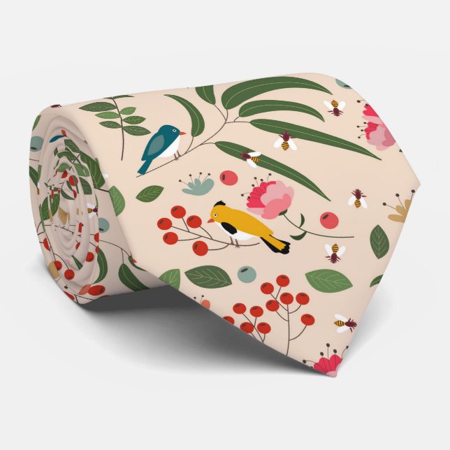 Hand plockade Blommigt Fåglar i Botaniska Mönster Slips (Rullad)