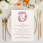 Hand plockade Blommigt Lila Monogram Vapensköld Br Meny<br><div class="desc">Ta med dig en roligt och charmerande beröring till din mottagning med det här Hand plockade Blommigt Lila Magenta Monogram Vapensköld Bröllop Menu Card. Med en avslappnad, viskartad vapensköld för blommigten och en monogramdesign i en skugga för djup lila, är det här menykortet perfekt för ett avslappnat trädgårdsbröllop, utomhus firande...</div>