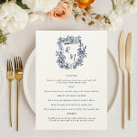 Hand plockade Blommigt, marinblått monogram Vapens Meny<br><div class="desc">Ta med dig en roligt och charmerande beröring till din mottagning med det här Hand plockade Blommigt Lila Magenta Monogram Vapensköld Bröllop Menu Card. Det här menykortet har en vapensköld av avslappnad, viskad blommigt och en monogramdesign i en djup marin blå skugga, och är perfekt för ett avslappnat trädgårdsbröllop, utomhus...</div>