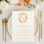 Hand plockade Blommigt Orange Monogram Vapensköld  Meny<br><div class="desc">Få en roligt och charmerande beröring till din mottagning med det här Hand plockade Blommigt Orange Monogram Vapensköld Bröllop-menykortet. Det här menykortet har en vapensköld av avslappnad, viskartad blommigt och en monogramdesign i en rik, gyllene orange, och är perfekt för ett avslappnat trädgårdsbröllop, sommarbröllop, bröllop, utomhus firande eller sommarbröllop. Helt...</div>