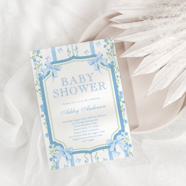 Hand plockade Blommigt Pojke Shower med Bow Inbjudningar (Skapare uppladdad)