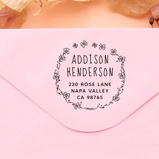 Hand plockade Blommigt Utandning Namn och Returadr Självfärgande Stämpel (Rubber Stamp Mock-up)