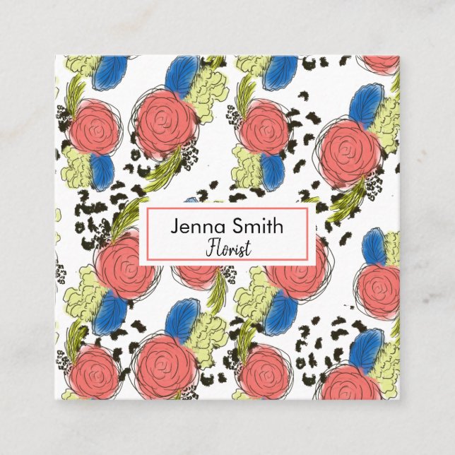 Hand plockade Blommigts Coral Blue Garden Florist Fyrkantigt Visitkort (Framsida)