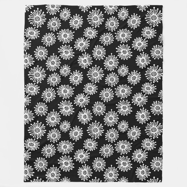 Hand plockade Blommor - vit på svart Fleecefilt (Framsidan)