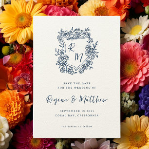Hand plockade Blue Blommigt Vapensköld Monogram Br Spara Datumet