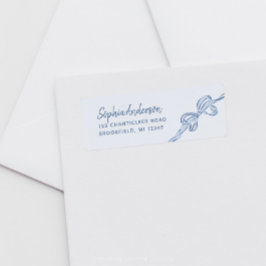 Hand plockade Blue Bow Boy Baby Shower Returadress Etikett