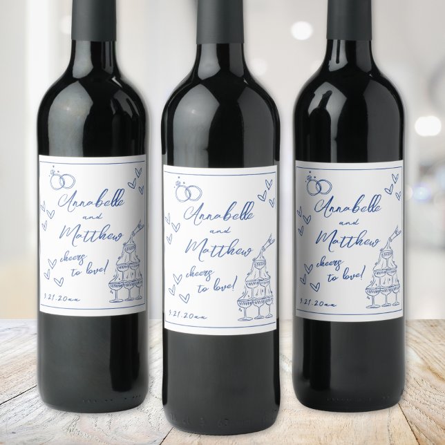 Hand plockade Blue Bröllop Vinflaska Etikett (Hand Drawn Blue Wedding Wine Label )
