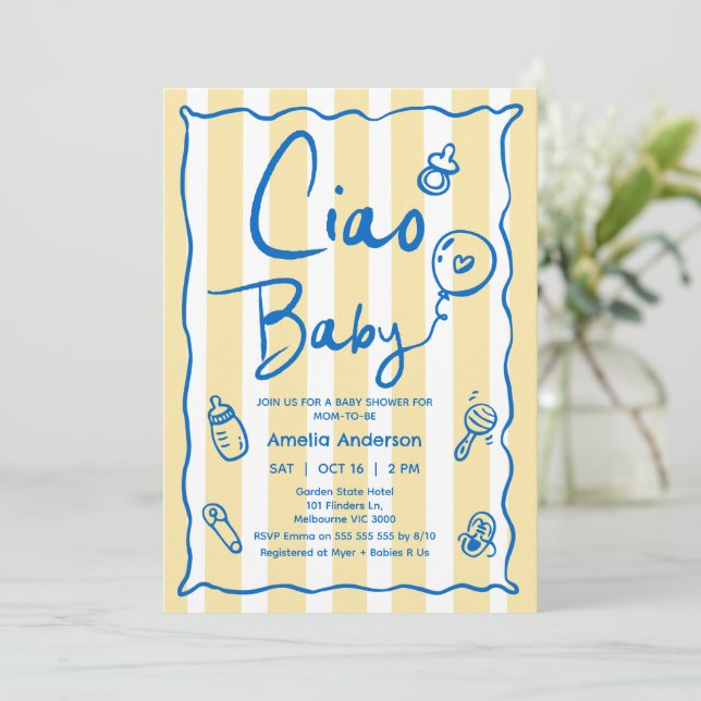 Hand plockade Blue Gult Ciao Baby Baby Shower Inbjudningar (Stående Fram)