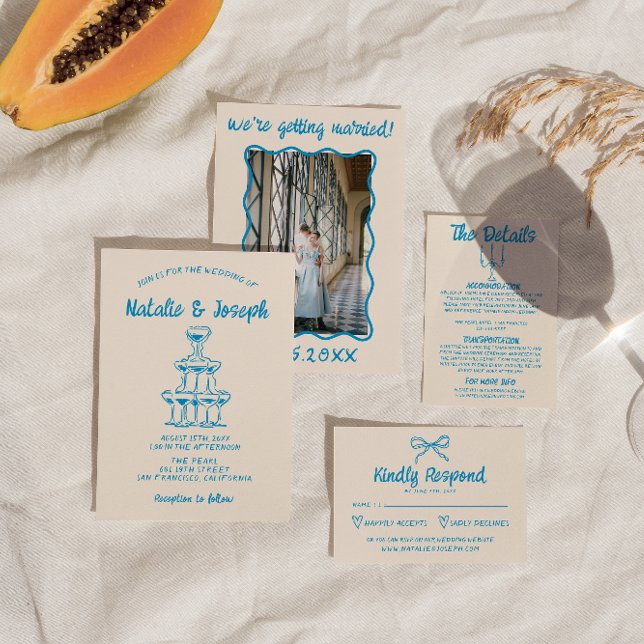 Hand plockade Blue Quirky Champagne Torn Bröllop i Inbjudningar (Skapare uppladdad)