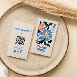 Hand plockade Blue Retro Groovy QR-Blommigt, Trend Visitkort