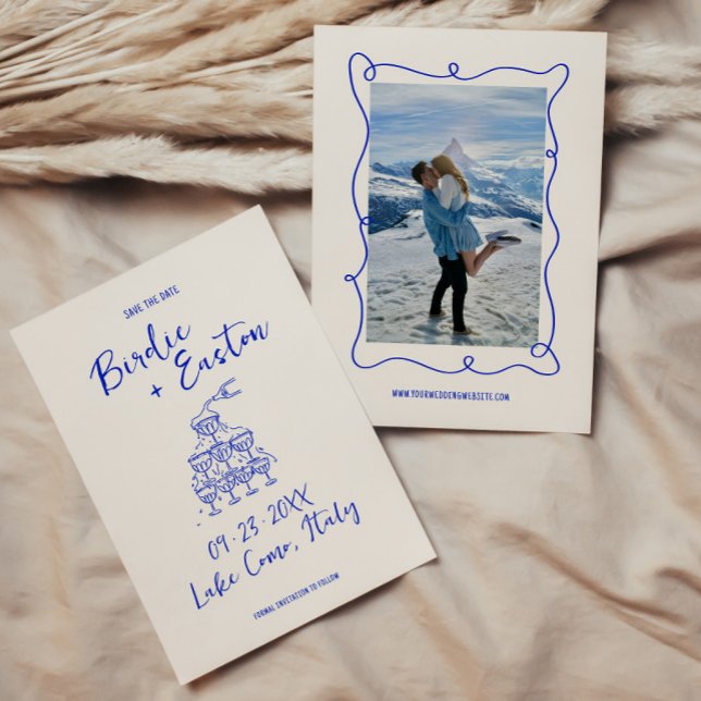 Hand plockade Blue Squiggle Champagne Torn Bröllop Spara Datumet (Skapare uppladdad)