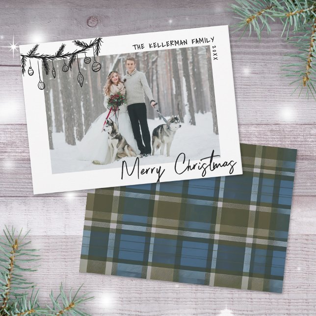 Hand plockade Blue Tartan Jul Julkort (Hand Drawn Blue Tartan Christmas Holiday Card)