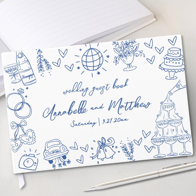 Hand plockade Blue Whimsical Bröllop Gästböcker (Hand Drawn Blue Whimsical Wedding Guest Book)