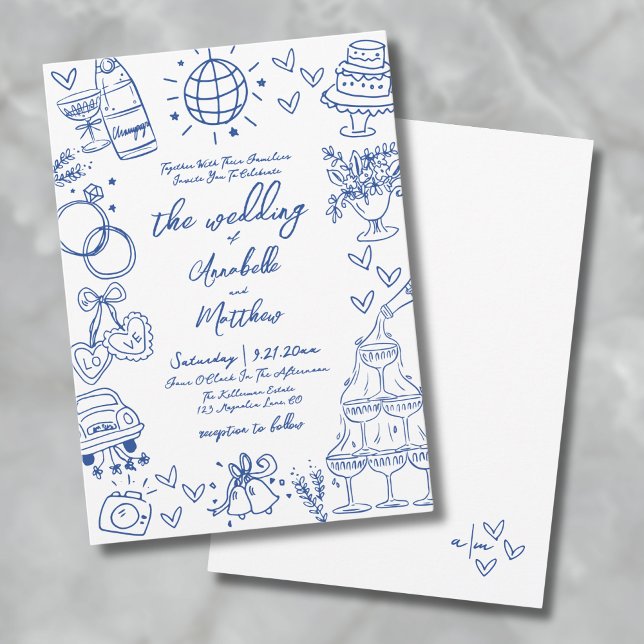 Hand plockade Blue Whimsical Bröllop Inbjudningar (Hand Drawn Bue Whimsical Wedding Invitation)