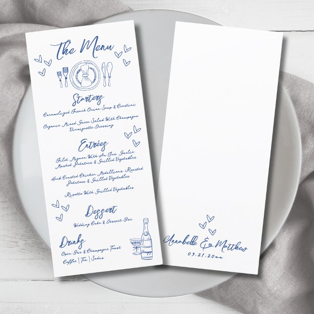 Hand plockade Blue Whimsical Bröllop Meny (Hand Draw Blue Whimsical Wedding Menu)