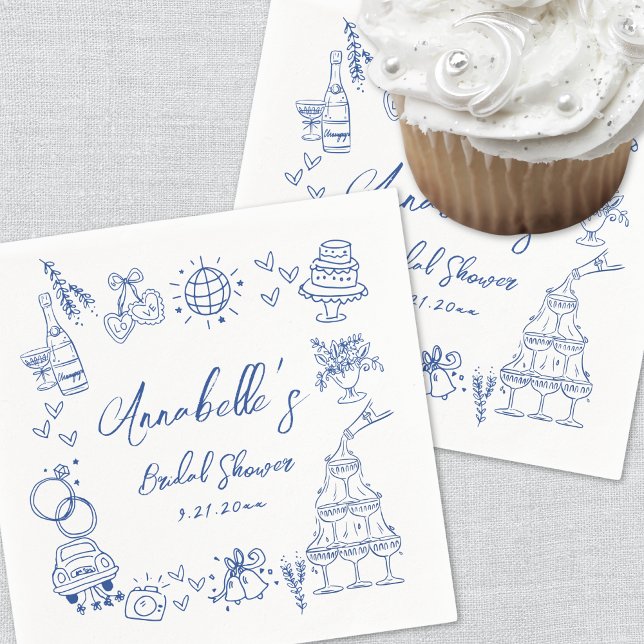 Hand plockade Blue Whimsical Möhippa Pappersservett (Hand Drawn Blue Whimsical Bridal Shower Napkins)