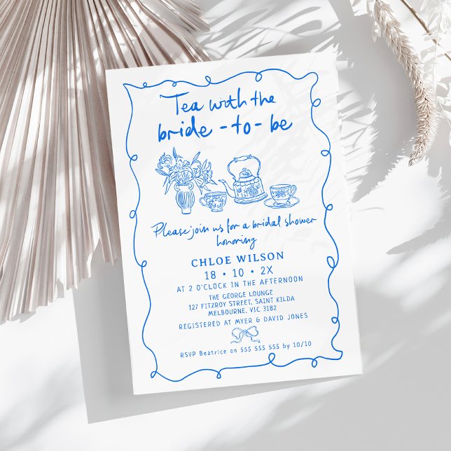 Hand plockade Blue Whimsical Tea Möhippa Inbjudningar (Whimsical Hand Drawn Tea Bridal Shower Invitation Blue,
Tea Bride to Be Bridal Shower, Tea cups)