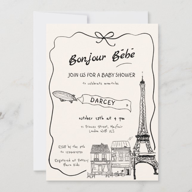 Hand plockade Bonjour Bebe Fransk Baby Shower Inbjudningar (Framsida)
