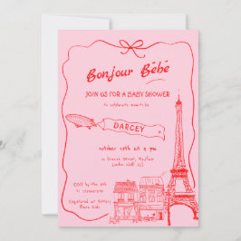 Hand plockade Bonjour Bebe Fransk Rosa Baby Shower Inbjudningar
