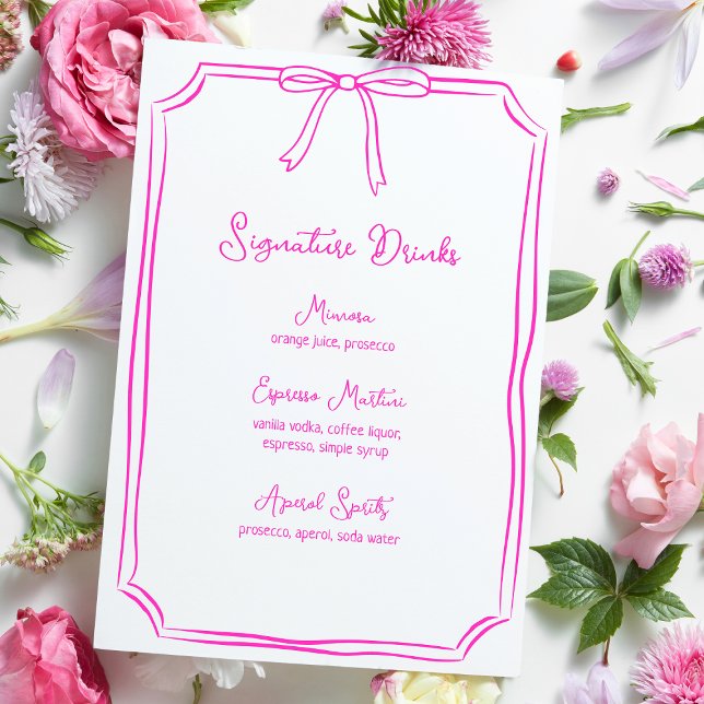 Hand plockade Bow Coquette Rosa Namnteckning Drink Meny (Elegant floral signature drinks menu with a pink bow design, giving a whimsical coquette aesthetic.)