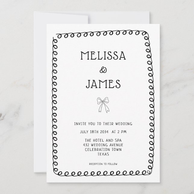 Hand plockade Bow Doodle Whimsical Bröllop Inbjudningar (Framsida)