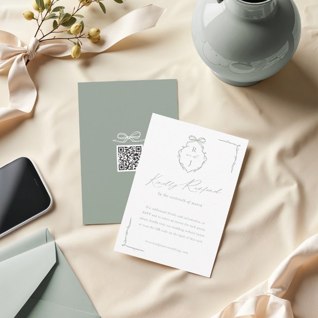 Hand plockade Bow & Ribbon Monogram Vapensköld Brö OSA Kort (Hand Drawn Bow & Ribbon Monogram Crest Wedding RSVP Card)