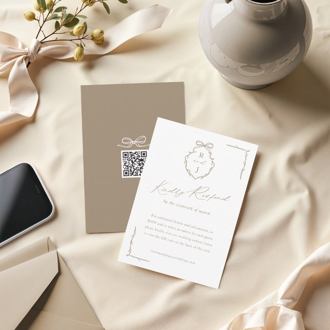 Hand plockade Bow & Ribbon Monogram Vapensköld Brö OSA Kort (Hand Drawn Bow & Ribbon Monogram Crest Wedding RSVP Card)