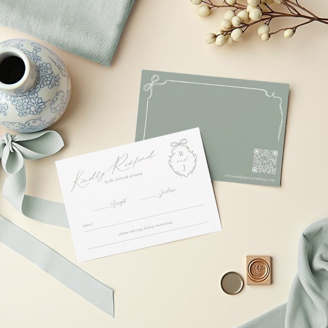 Hand plockade Bow & Ribbon Monogram Vapensköld Brö OSA Kort (Hand Drawn Bow & Ribbon Monogram Crest Wedding RSVP Card)