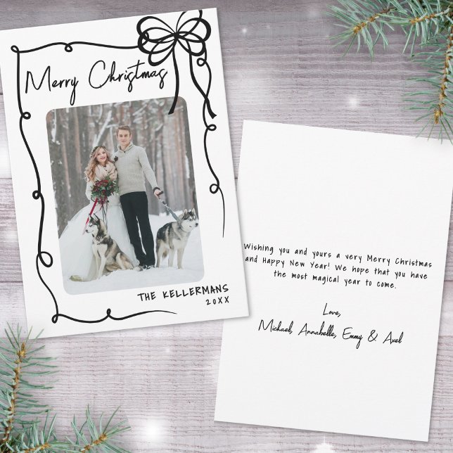 Hand plockade Bow Whimsical jul Julkort (Hand Drawn Bow Whimsical Christmas Holiday Card )