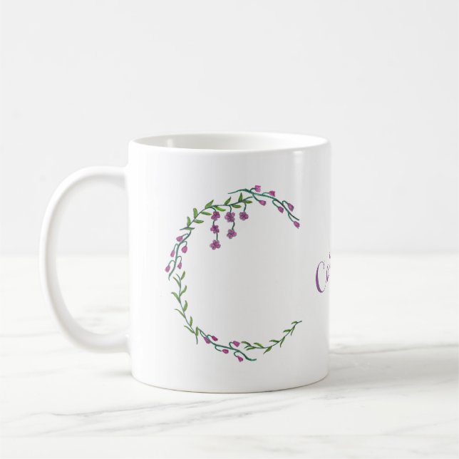 Hand plockade Brev C - första monogramvingblommor Kaffemugg (Vänster)