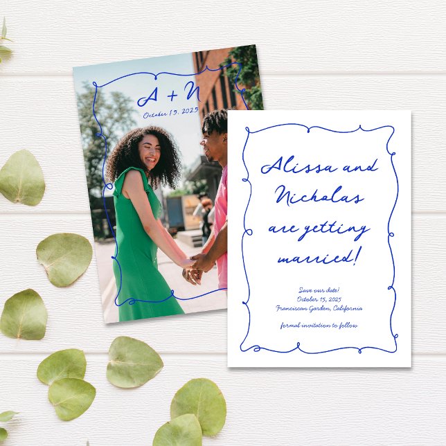 Hand plockade Bright Blue Photo Monogram Bröllop Spara Datumet (Skapare uppladdad)