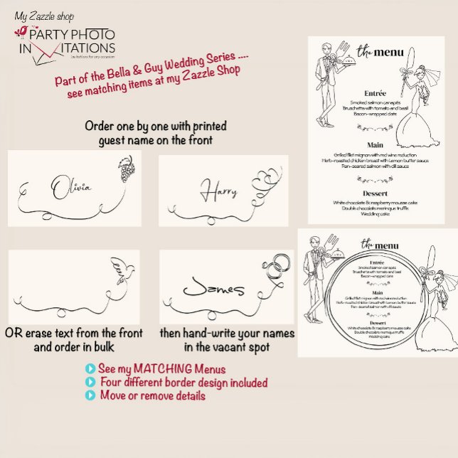 hand plockade bröllop-platskort bordsnummer (Bella & Guy hand drawn series menu place cards)