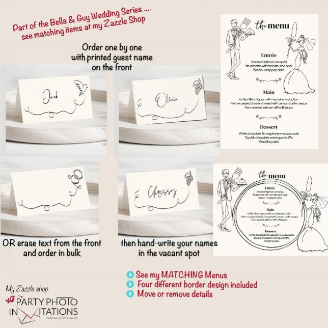 hand plockade bröllop-platskort placeringskort (Bella & Guy hand drawn menu place cards)