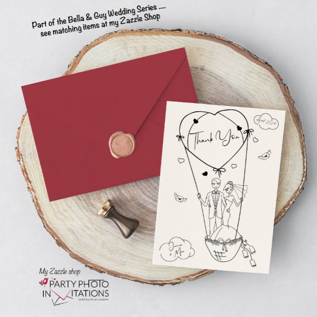 Hand plockade Bröllop Tack, tack tack, kort (Bella and Guy hand drawn thank you card)