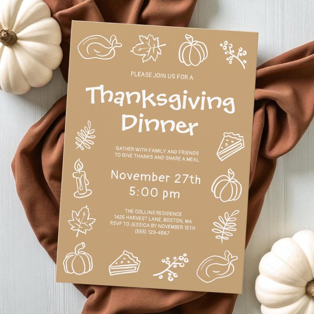 Hand plockade Brown Vitaktig Thanksgiving Middag Inbjudningar (Hand Drawn Brown Whimsical Thanksgiving Dinner Invitation)