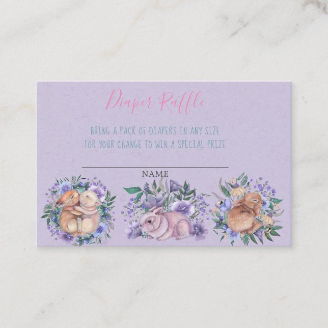 Hand plockade Bunnies Lila Diaper Raffle Visitkort (Framsida)