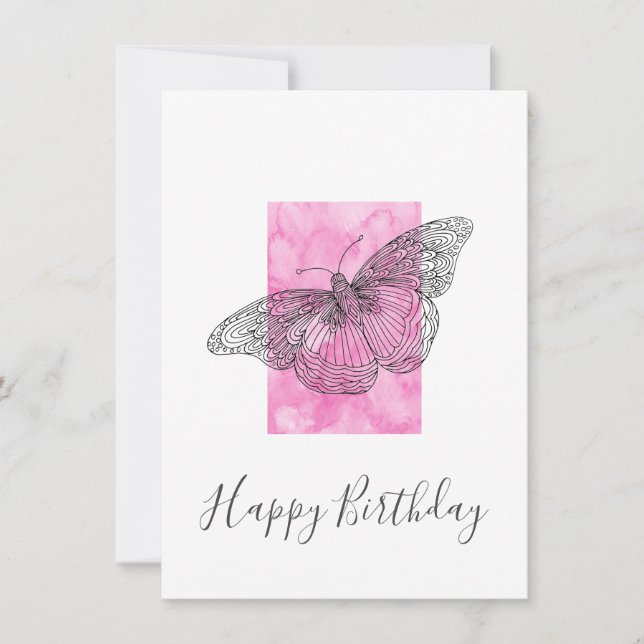 Hand plockade Butterfly, Rosa Watercolor Abstrakt Kort (Framsida)