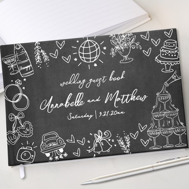 Hand plockade Chalk Whimsical Bröllop Gästböcker (Hand Drawn Chalk Whimsical Wedding Guest Book)