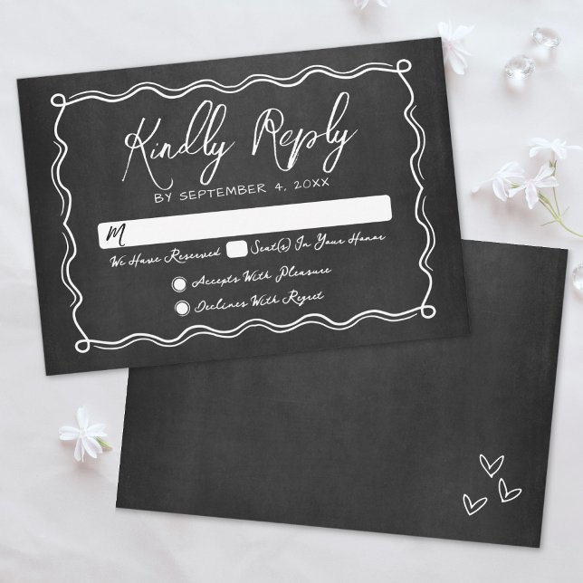 Hand plockade Chalkboard Whimsical Bröllop OSA Kort (Hand Drawn Chalkboard Whimsical Wedding RSVP Card)