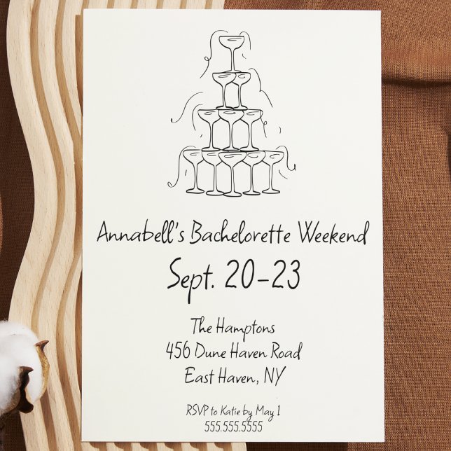 Hand plockade Champagne Bachelorette Party Helg Inbjudningar (hand drawn bachelorette party invitation black and white Champagne glass tower modern simple cute)