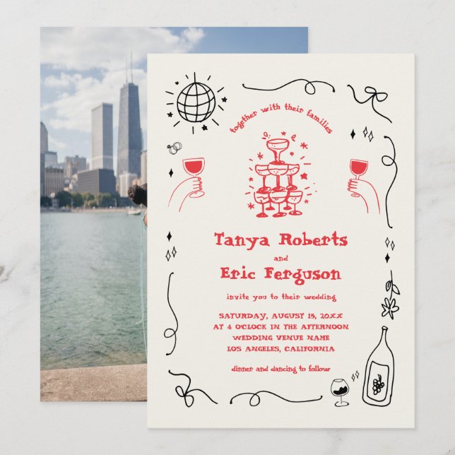 Hand plockade Champagne Cocktail Whimsical Bröllop Inbjudningar (Fram/baksida)