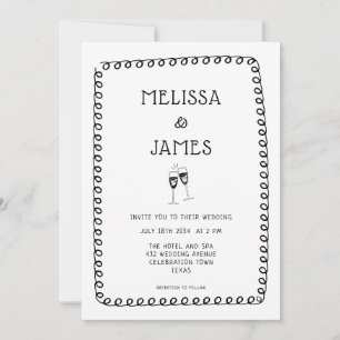 Hand plockade Champagne Doodle Whimsical Bröllop Inbjudningar