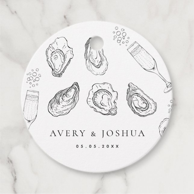 Hand plockade Champagne & Oysters Roast Bröllopsfe Gåvor Etiketter (Framsida)