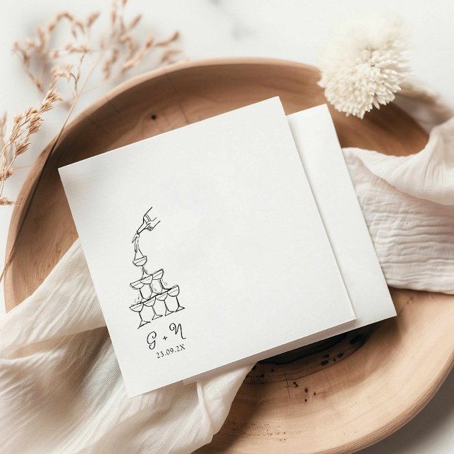 Hand plockade Champagne Torn Bröllop Napkin Pappersservett (hand drawn champagne tower cocktail napkin, wedding napkin illustration, luncheon napkin )